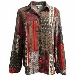 Bucketlist Boho Bandana Print Top Red Gray Brown Shirt Small